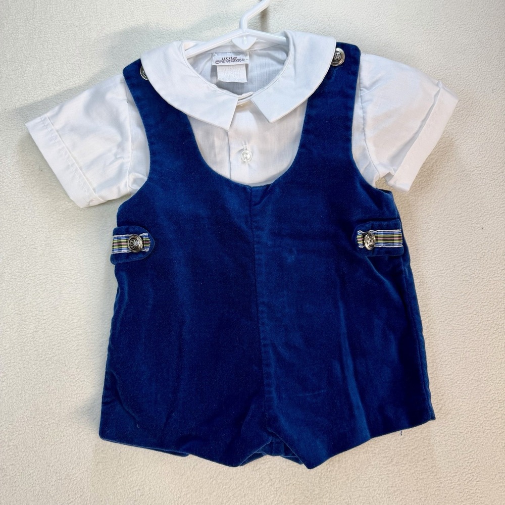 Vintage Baby Togs Boy 6  To 9 Monte Blue Velour Short Romper w/ Shirt Outfit